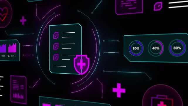 Detailed close up shot of an encrypted medical document icon protected by a magenta security shield.