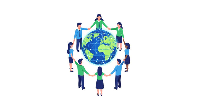 Global Teamwork and Networking Concept: Diverse People Holding Hands Around World Globe Isometric Illustration