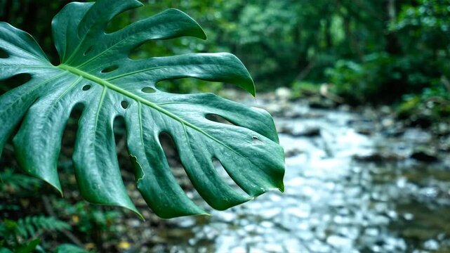 Close-up Of A Vibrant Green Monstera Deliciosa Leaf With A Blurred Forest Stream Background In A Lush Tropical Environment Monstera Leaf