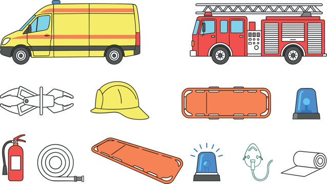 Emergency Medical Services and Fire Department Rescue Operation Asset Set Featuring Ambulances, Fire Engines, Jaws of Life, and Patient Stretchers