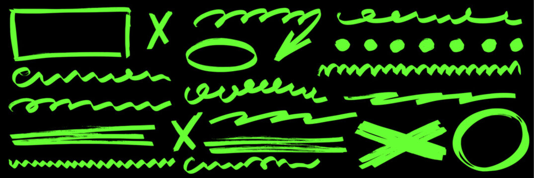 Marker highlight and brush doodle drawn by pen and pencil. Circle, paint and arrow lines with underline. Bold marker arrow, highlight and underline brush paint elements.