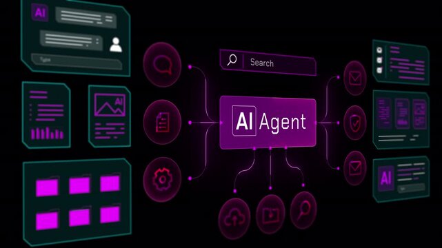 Isometric perspective view of a central AI Agent processing module connected to digital workflow nodes.