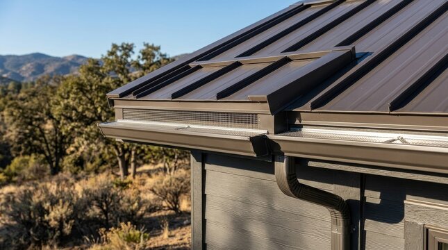 Building Safer Communities Through Wildfire Preparedness, Metal roof and gutter system on a modern house, with intricate leaf guard and a scenic mountain backdrop.