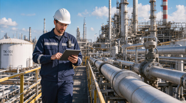 Professional inspector using digital tablet at oil refinery. Industrial worker monitoring petrochemical plant operations during daytime.
