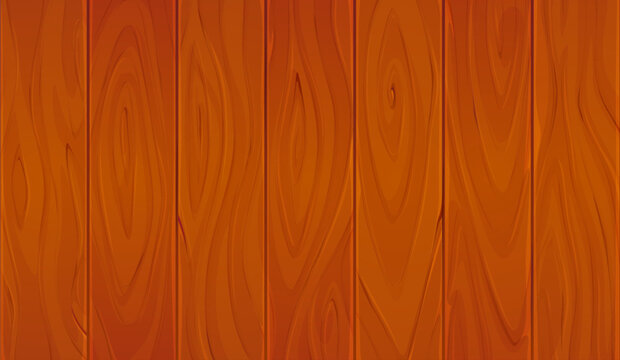 Cartoon wooden board texture background. Vibrant brown vertical planks with detailed swirling wood grain patterns, knots and flowing fiber lines. Wood surface illustration for wooden sign backdrops