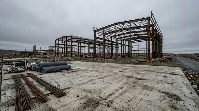 Half-built warehouse frames, rebar bundles, chain-link fencing, and a deserted concrete pad for industrial slowdown and unfinished factory construction.