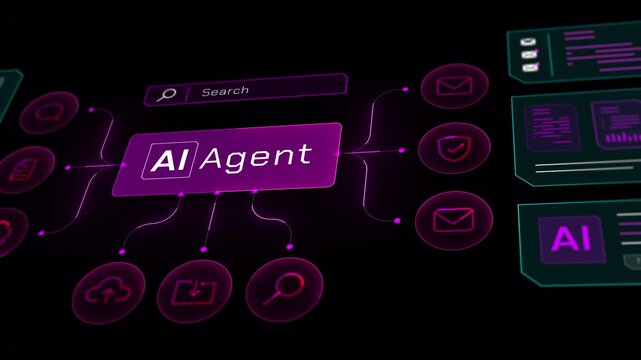 Close up view of a glowing AI Agent title box surrounded by connected digital communication icons.