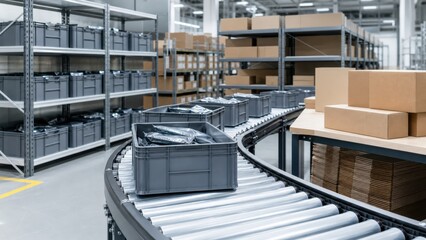 Fototapeta premium Conveyor belt in warehouse moving storage bins and packages during daytime