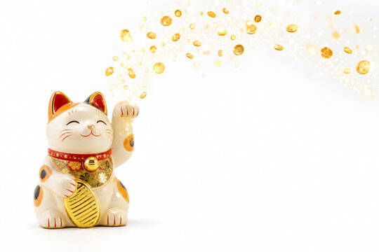 Maneki neko lucky cat figurine releasing swirl of golden light coins concept fortune white background