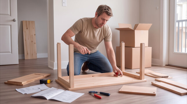 Homeowner assembling wooden coffee table in new apartment. DIY furniture construction during moving process.