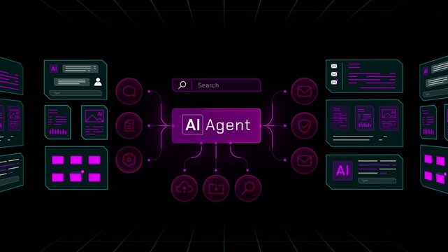 Full front facing layout of an AI Agent dashboard showing interconnected digital tools and search bar.