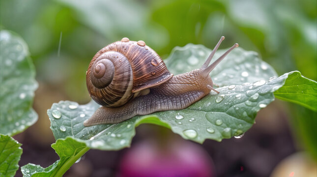 Snail crawling on green leaf during rain. Garden gastropod Helix pomatia moving slowly across wet plant surface with water droplets.