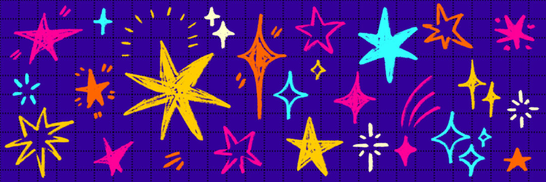 Hand drawn chalk and crayon figures cover the paper. A doodled star, pencil asterisks and another bold crayon star shine, each shaped by a free and playful hand.