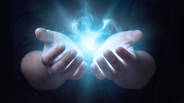 Cupped hands holding glowing blue energy sphere. Person manifesting mystical light or magical power in dark environment.