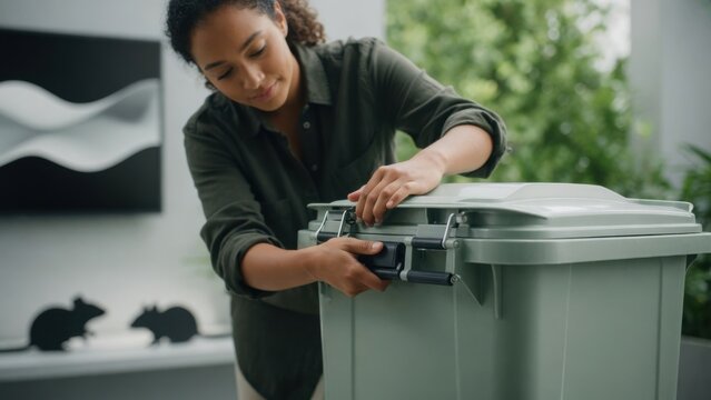 Woman Installing Lock on Outdoor Trash Bin to Prevent Rodents