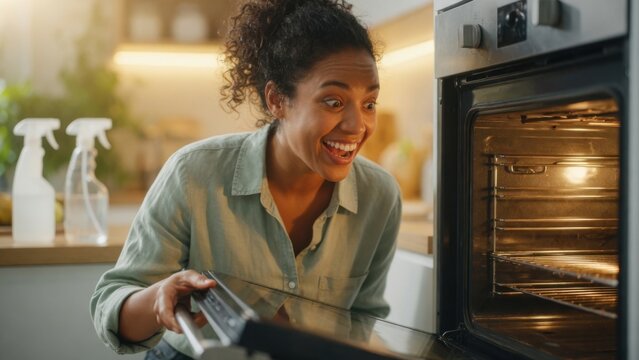Excited Woman Looking Inside Clean Oven in Kitchen