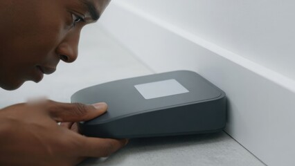 Fototapeta premium Man Installing Smart Home Wi-Fi Router Near Wall Baseboard