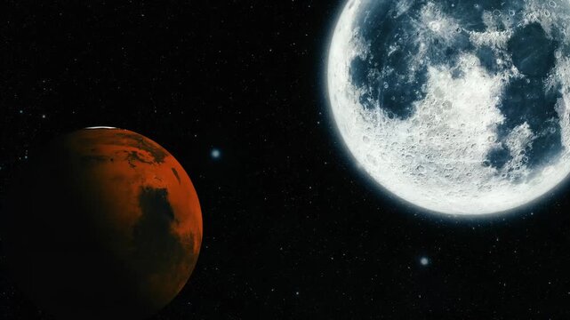 Red planet and bright moon floating in a starry dark space sky.