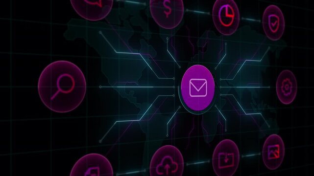 Centered email envelope icon on a global network map background visualizing encrypted data messaging.