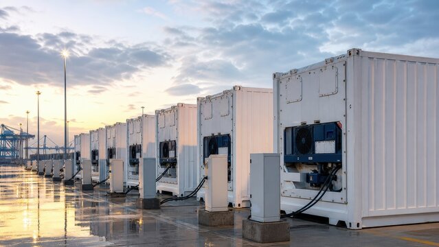 Containers lined up at a shipping yard during early morning hours as the sun rises above the horizon