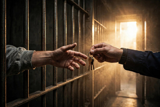 Police Officer Handing Jail Keys To Inmate Hands Reaching Through Bars Freedom Concept