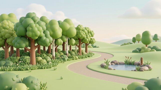 Building Safer Communities Through Wildfire Preparedness, Stylized serene landscape with a winding path, lush green trees, rolling hills, and a small tranquil pond under a cle...