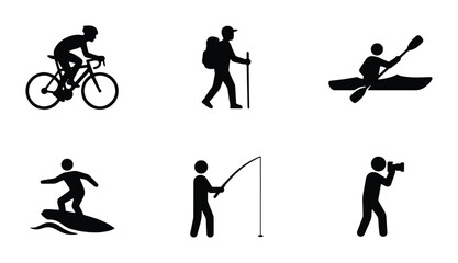 Naklejka premium Outdoor Activity Icons: Cycling, Hiking, Kayaking, Surfing, Fishing, Photography Vector Set