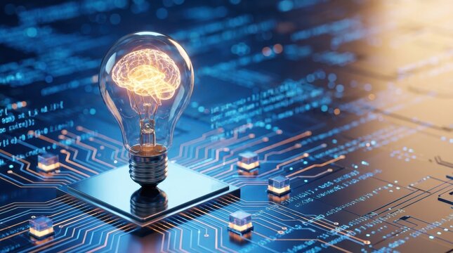 Artificial intelligence concept with glowing brain in lightbulb on a circuit board.