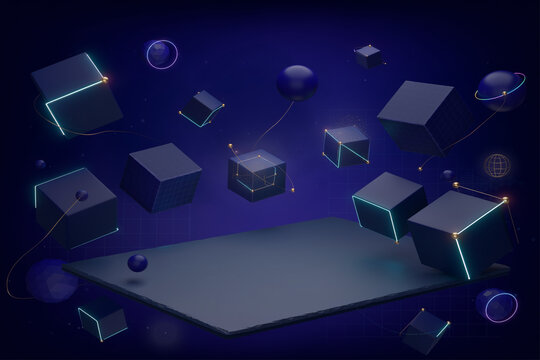 浮遊する3Dキューブと球体で構成された未来的なテクノロジー背景素材