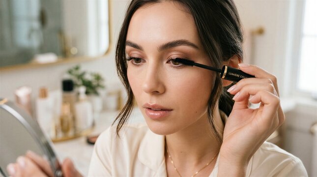 Woman Applying Mascara In Front Of Mirror For Flawless Look At Home