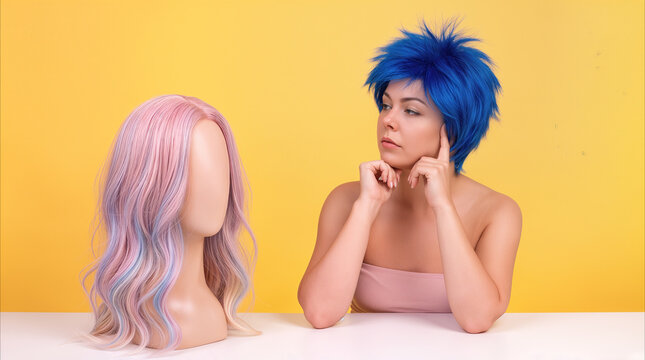 Blue-haired woman examining long pink and blue wig on mannequin stand. Choosing different hairstyle or hair color concept in studio setting.