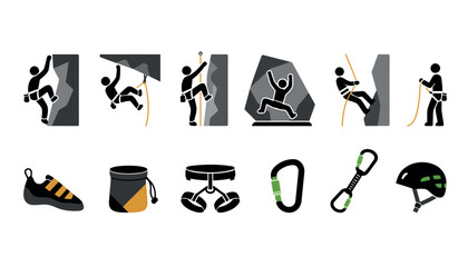 Rock climbing equipment and activity icons set. © hell.fest