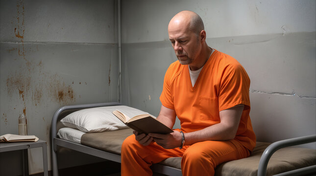 Incarcerated senior man reading book while sitting on bed in prison cell. Convict in orange uniform spending time in correctional facility.