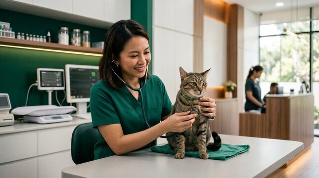 Veterinarian Examining A Tabby Cat In A Warm And Professional Veterinary Clinic