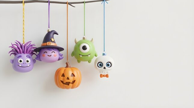 Cute cartoonstyle halloween ornaments hanging on a branch