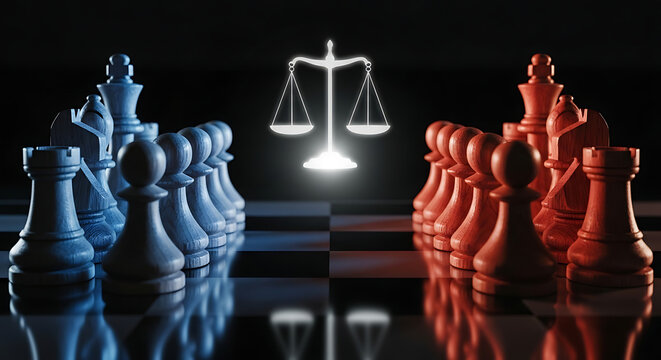Chess pieces facing off with law scales. Legal strategy concept with justice balance.