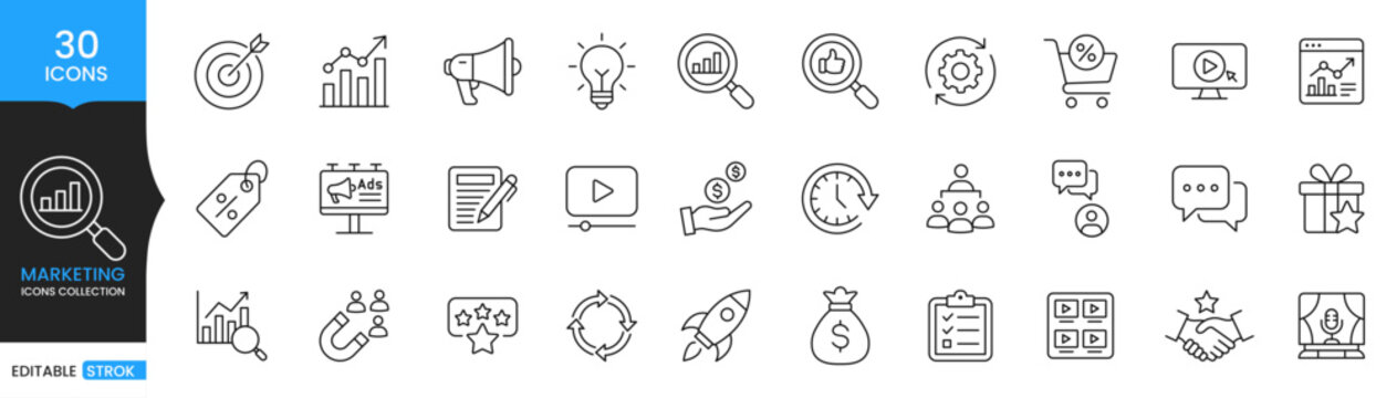 Marketing Icons Set, Digital Marketing, Business Strategy, SEO Analytics, Social Media, Advertising, Ecommerce, Growth, Communication, Editable Stroke Vector Icons