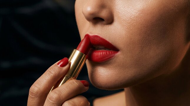 Applying Vibrant Red Lipstick To Highlighting Beauty And Elegance Of Modern Cosmetics