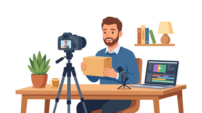 Man filming unboxing video with camera and laptop