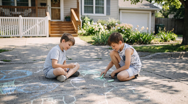 Two happy young boys sitting on a suburban street driveway drawing with colorful chalk. Represents safe outdoor play, and children enjoying public spaces for Street Children's Day.