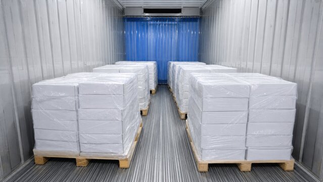 Storage of white boxes in a shipping container during daylight hours