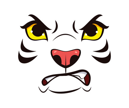 Angry tiger face emoji of cartoon animal eyes and mouth with emotion expression. Wild animal muzzle face emoji with grumpy irate expression of anger or growling threatening rampant furious eyes look