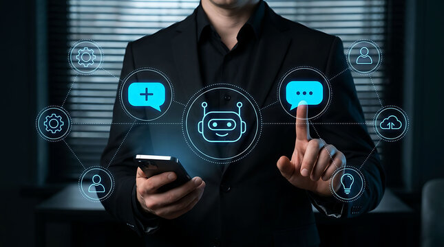Businessman interacting with AI chatbot icon network for automated customer service