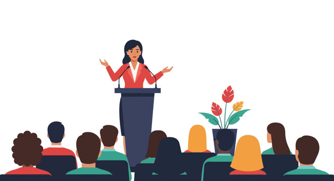 Confident Businesswoman Presenting at a Conference with Audience. Flat Vector Illustration for Public Speaking, Leadership, and Seminar Concepts.