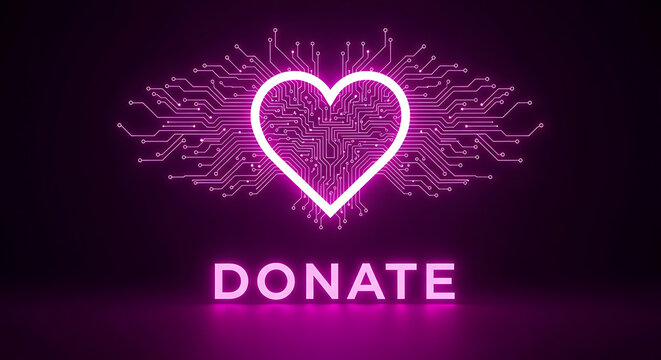 Neon heart digital donation concept. Glowing tech symbol for charity and online giving.