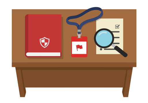 A clean, modern workspace showcases an EHS compliance manual, inspection check, and magnifying glass.  Illustrative graphic, perfect for safety, compliance, and business themes.