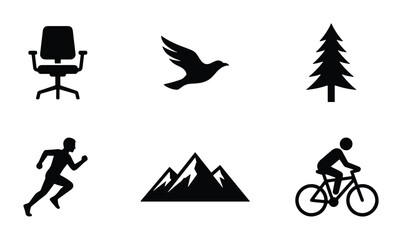 Fototapeta premium Minimalist Black Icons Set: Office Chair, Bird Silhouette, Pine Tree, Runner, Mountain Peaks, Cyclist, Vector Graphics for Lifestyle and Business Concepts