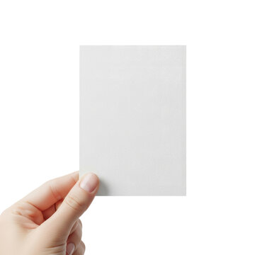 Close-up of a well-manicured fair skin hand presenting a vertical, blank a7 matte card against a high-key transparent studio background with soft illumination. Concept for elegant branding display