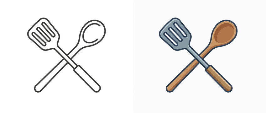 Crossed spatula and cooking spoon line art and color icons