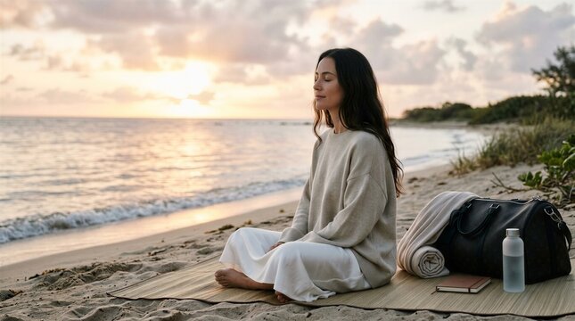 Serene Beach Meditation At Sunset With Calm Waters And Gentle Waves In Background